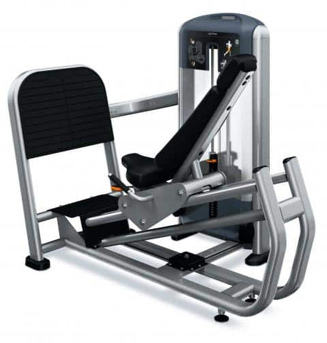 Precor Discovery Series Selectorized Leg Press with its distinctive oversized foot plate and weight stack tower.