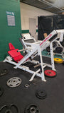 Body Masters LE 408 leg press showing 2 inch Olympic plate horns and 1000 pound capacity