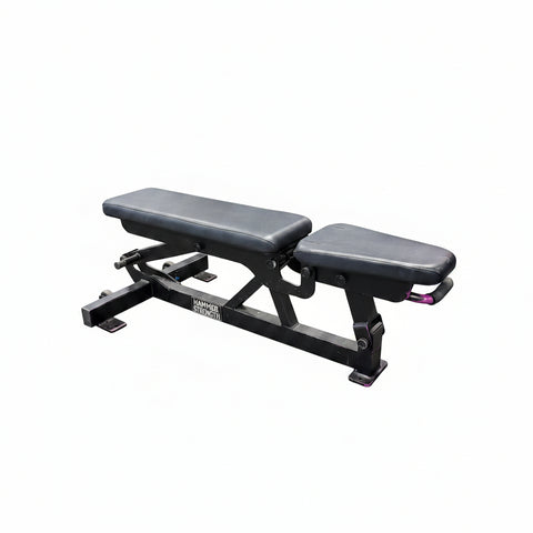Hammer Strength HDADJ commercial adjustable bench in a black finish shown from the front angle.