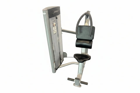 Life Fitness Hammer Strength Select Ab Crunch machine showing the ergonomic seat and handles