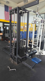 King Fitness Lat Pulldown station with 300 lb weight stack on 3-station multi gym