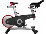 Side view of the Life Fitness LifeCycle GX Indoor Cycle featuring a dual-magnetic brake resistance system, rear flywheel design, and ergonomic handlebars.