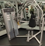  Front view of the Life Fitness Optima Series Multi-Press OPMP, a commercial selectorized machine for chest and shoulder exercises.
