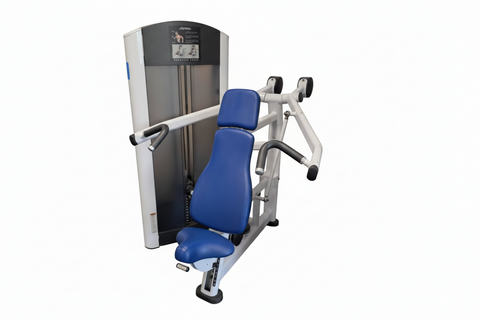 The Life Fitness Signature Series Shoulder Press FZSP featuring a sleek silver frame and commercial-grade selectorized weight stack.
