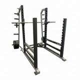 Power Lift Pro Series power rack showing 3x3 11-gauge steel uprights, numbered holes, multi-grip chin-up bar, Westside spacing