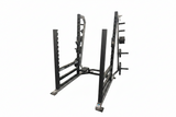 Power Lift Pro Series commercial power rack with Rhino Hook bar catch system and spotter platform, 