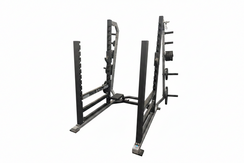 Power Lift Pro Series commercial power rack with Rhino Hook bar catch system and spotter platform, 