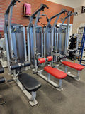 The standard 48-inch wide-grip lat pulldown bar attached to the high pulley cable with a heavy-duty steel carabiner on the C026ES.