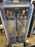  Close-up of the instructional placard on the Precor leg press featuring QR codes and text-free setup guides.