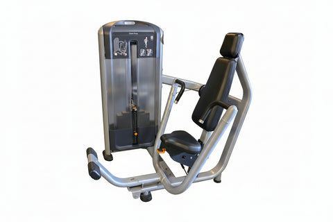 Side view of the Precor Discovery Series Chest Press DSL0404 commercial selectorized machine showing the heavy-duty steel frame.