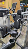 Detailed view of the independent converging press arms on the Precor DSL0500 for natural shoulder movement.