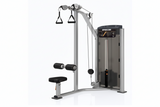  Full-length front view of a black Precor Vitality C002ES Lat Pulldown machine showing the vertical weight stack and heavy-duty steel frame.