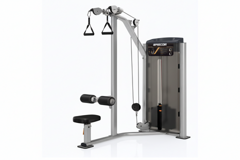  Full-length front view of a black Precor Vitality C002ES Lat Pulldown machine showing the vertical weight stack and heavy-duty steel frame.