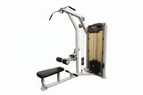Full view of the Precor Vitality Series C026ES dual-function station featuring a high pulley for lat pulldowns and a low pulley for seated rows.