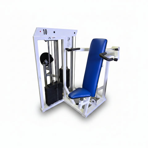 Promaxima P-105 Selectorized Shoulder Press with dual overhead handles and blue pads, Lancaster PA