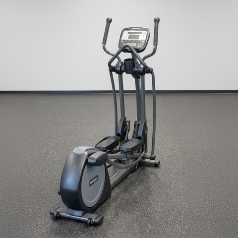 SportsArt E840 commercial elliptical crosstrainer featuring a sleek black frame, moving handlebars, and a tri-color LED console display.