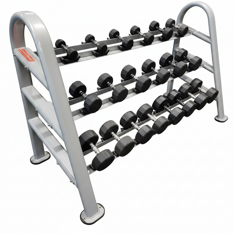 Star Trac Instinct IN-R1018597 large three-tier dumbbell rack with optional new CAP 5-50lb hex dumbbell set, 