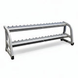 Technogym A0000521 two-tier dumbbell rack with angled tiers for easy access, clean modern aesthetic, like new condition, CAP 5-50 lb hex dumbbell set available as add-on