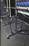 Titan R400902 powerlifting squat stands showing 11-gauge steel frame and diamond-plated spotter platforms, 1000 lb capacity