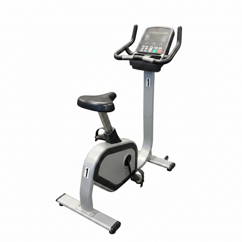 Profile view of a heavy-duty commercial Tuff Stuff CTS 300UB upright stationary exercise bike with a silver steel frame and black shroud components.