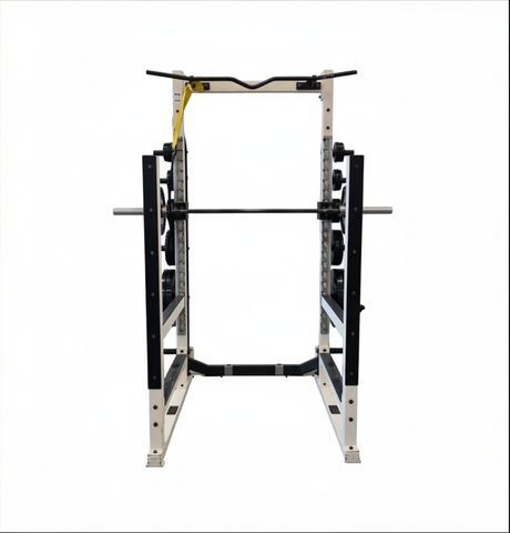 York STS commercial multi rack with j-cups, safeties, and plate storage